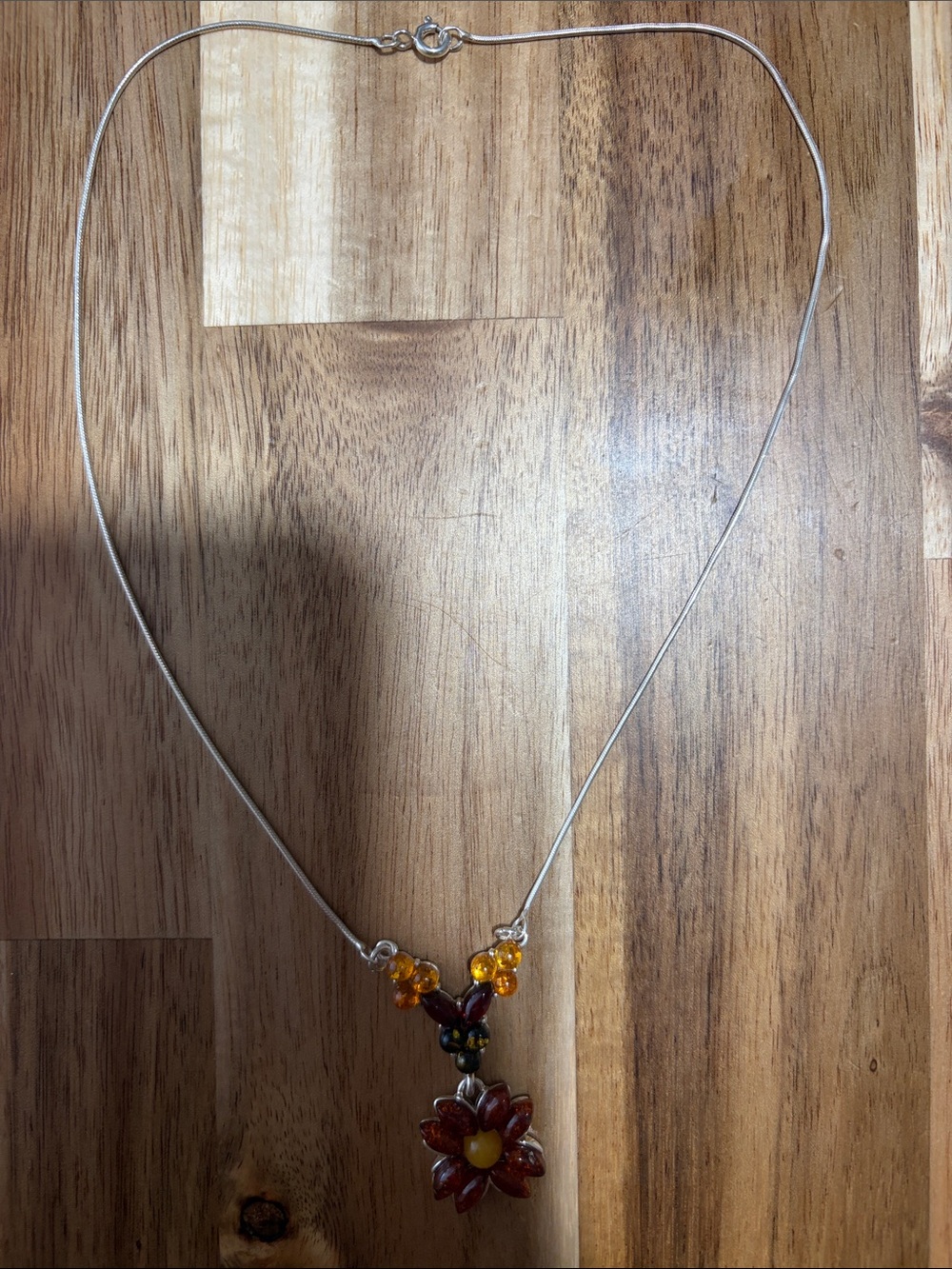 Mexican Silver 925 Chain Necklace with Amber and Garnet Flower Pendant